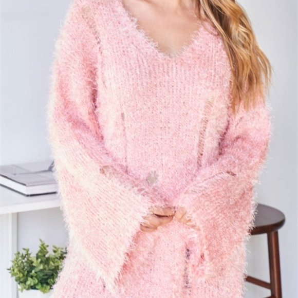 Comfy Oversized Fuzzy Pink Distressed Sweater - Picture 6 of 6